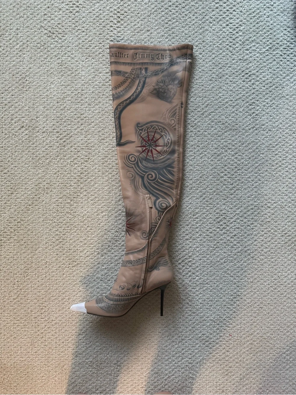 Jimmy Choo Jean Paul Gaultier Over-the-Knee Tattoo-Print Stiletto Boots in Beige